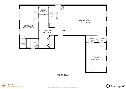 A floor plan for a home with a living room, two bedrooms, and a hallway.